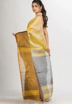 Handloom Cotton Saree in Yellow and Dark Beige