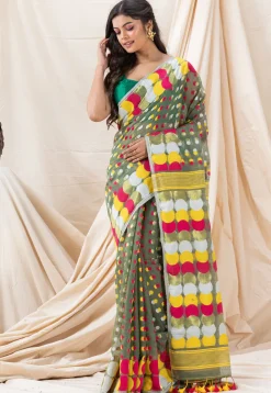 Handloom Cotton Saree in Dusty Green