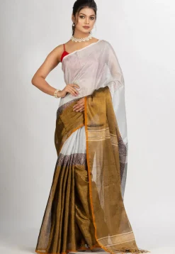Handloom Cotton Saree in White and Dark Beige