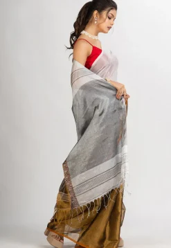 Handloom Cotton Saree in White and Dark Beige