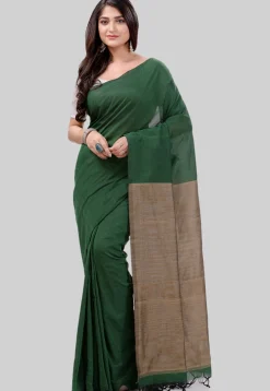 Handloom Cotton Saree in Dark Green