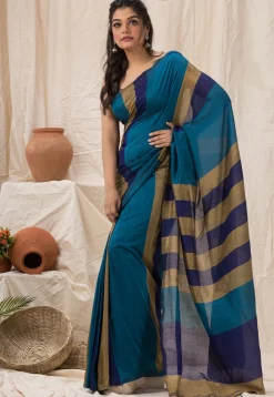 Handloom Cotton Saree in Teal Blue
