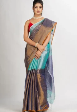 Handloom Cotton Saree in Blue and Dark Beige