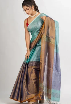 Handloom Cotton Saree in Blue and Dark Beige