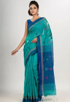 Handloom Cotton Saree in Teal Green