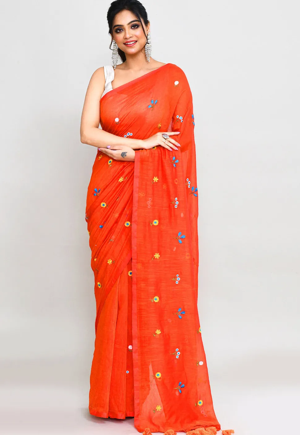 Handloom Cotton Saree in Dark Orange