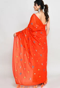 Handloom Cotton Saree in Dark Orange