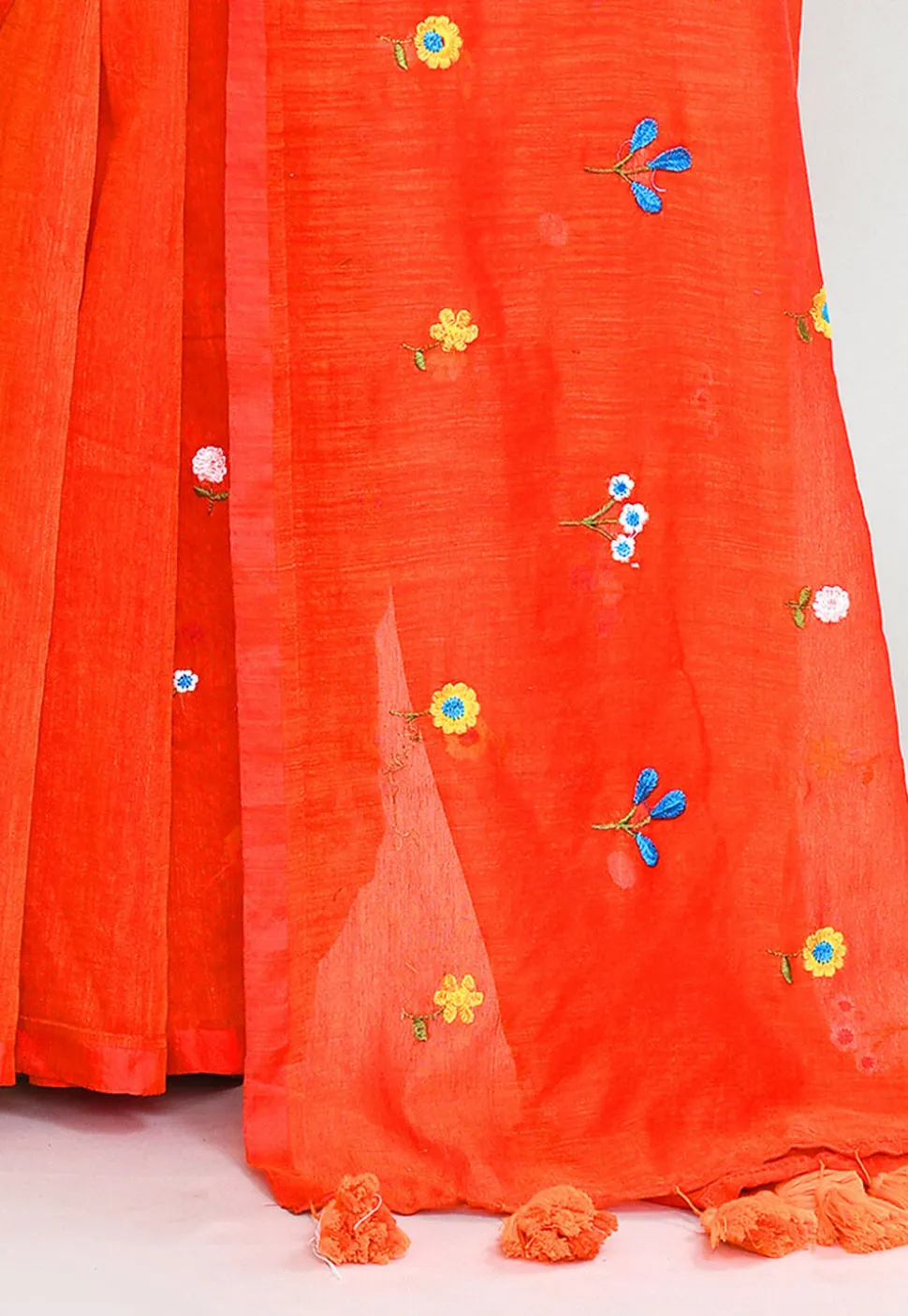 Handloom Cotton Saree in Dark Orange