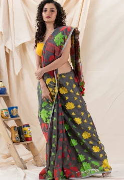 Handloom Cotton Saree in Dark Grey