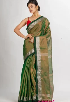 Handloom Cotton Saree in Dark Green