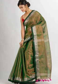 Handloom Cotton Saree in Dark Green