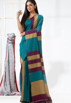 Handloom Cotton Saree in Teal Blue