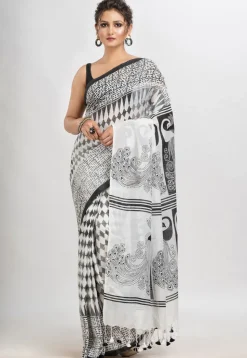 Handloom Cotton Saree in White and Black