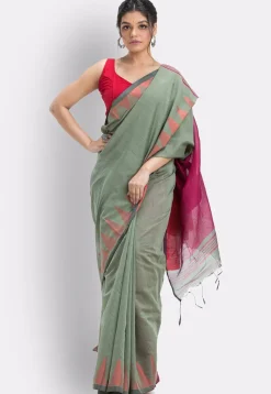 Handloom Cotton Saree in Dusty Green