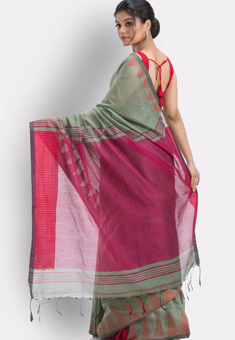 Handloom Cotton Saree in Dusty Green