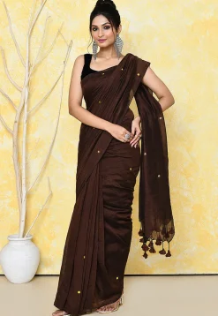 Handloom Cotton Saree in Dark Brown
