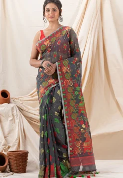 Handloom Cotton Saree in Dark Grey