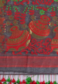 Handloom Cotton Saree in Dark Grey