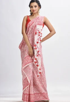 Handloom Cotton Saree in White and Red