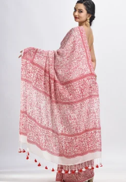 Handloom Cotton Saree in White and Red