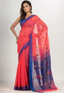 Handloom Cotton Saree in Coral Red