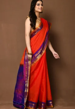 Handloom Cotton Silk Gadwal Saree in Orange