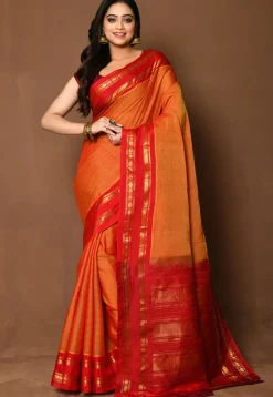 Handloom Cotton Silk Gadwal Saree in Orange
