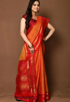 Handloom Cotton Silk Gadwal Saree in Orange