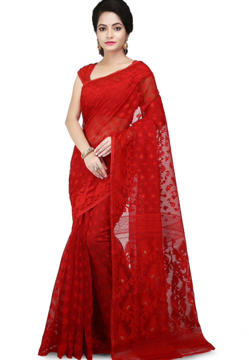 Handloom Cotton Silk Jamdani Saree in Red