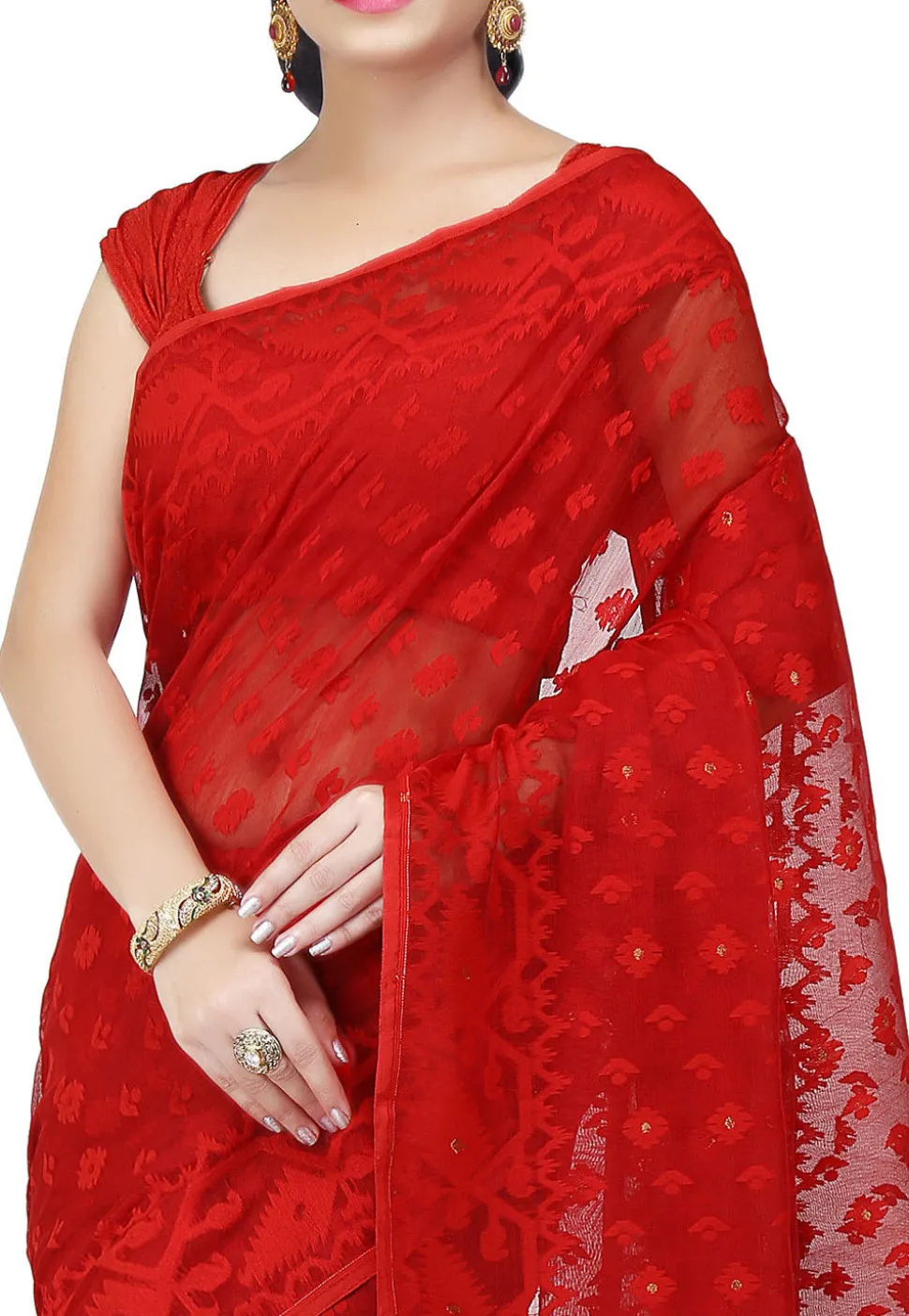Handloom Cotton Silk Jamdani Saree in Red