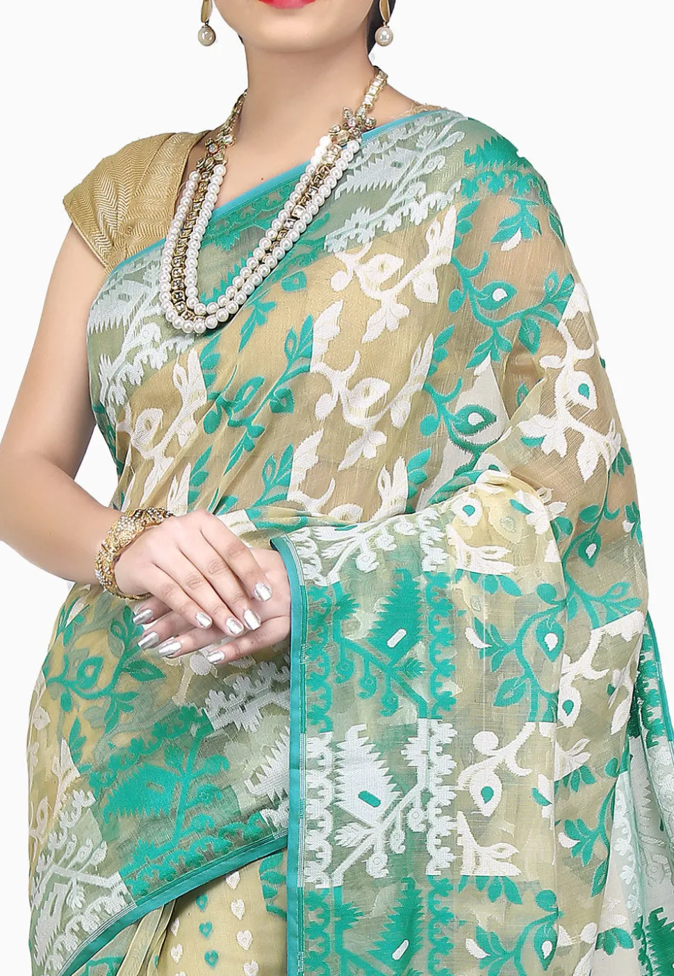 Handloom Cotton Silk Jamdani Saree in Beige