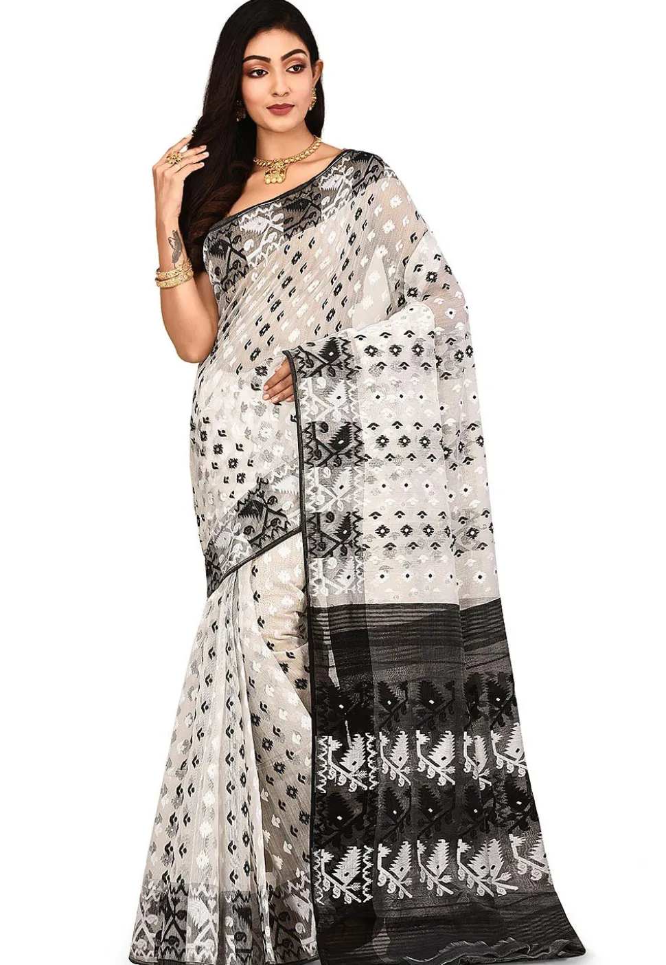 Handloom Cotton Silk Jamdani Saree in White