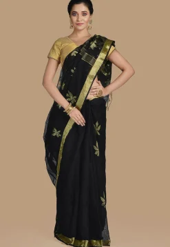 Handloom Cotton Silk Jamdani Saree in Black
