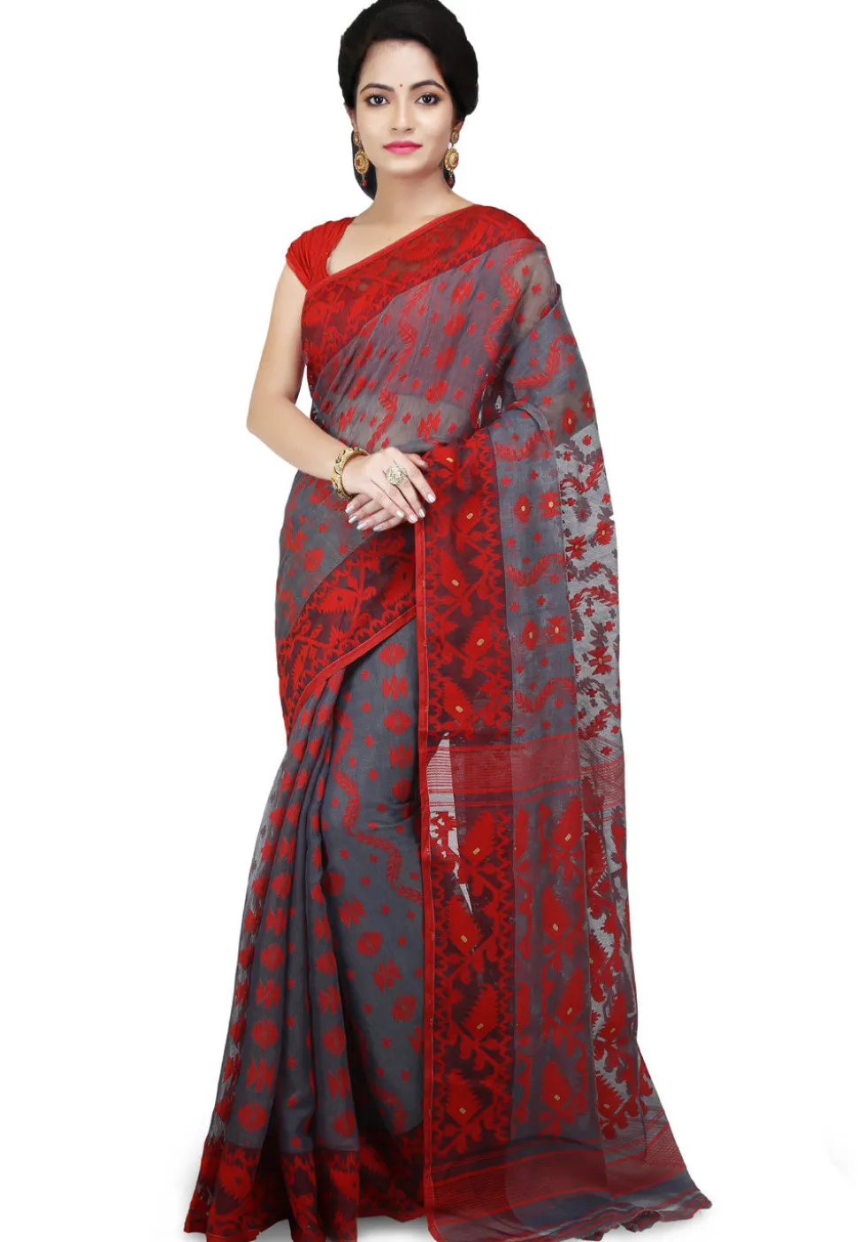 Handloom Cotton Silk Jamdani Saree in Light Grey