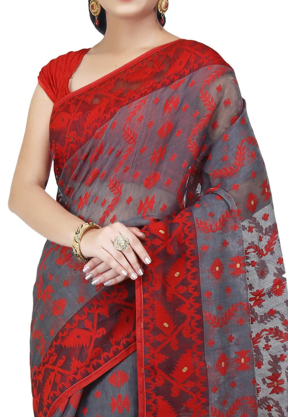 Handloom Cotton Silk Jamdani Saree in Light Grey