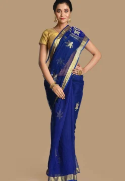 Handloom Cotton Silk Jamdani Saree in Navy Blue