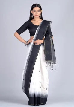 Handloom Cotton Silk Jamdani Saree in White and Black