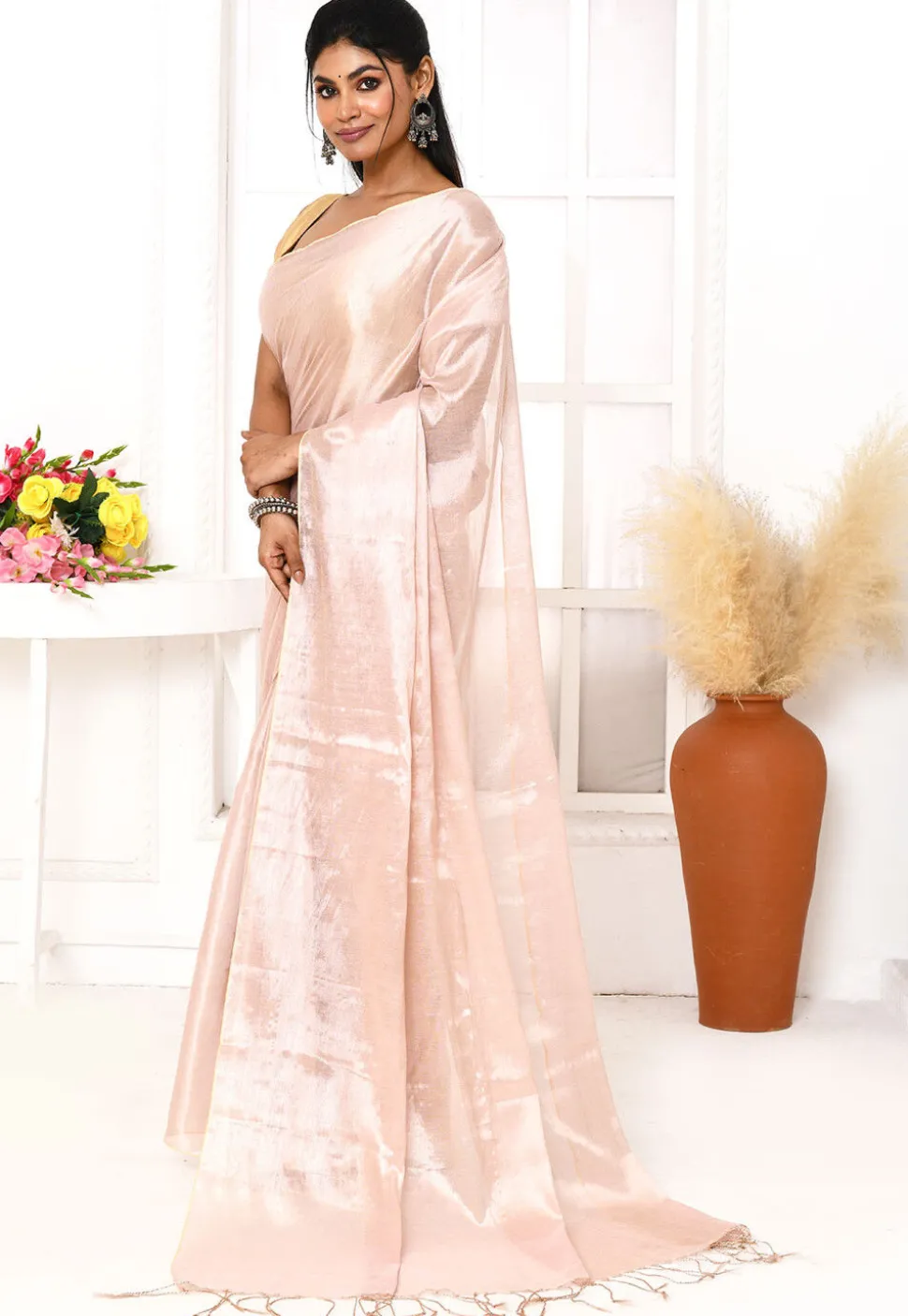 Handloom Cotton Silk Saree in Peach