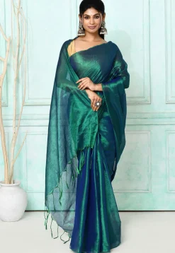 Handloom Cotton Silk Saree in Green and Blue