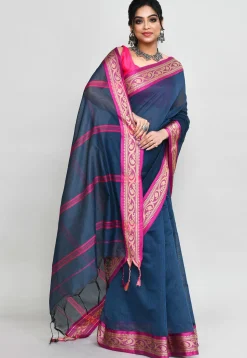 Handloom Cotton Silk Saree in Dark Blue
