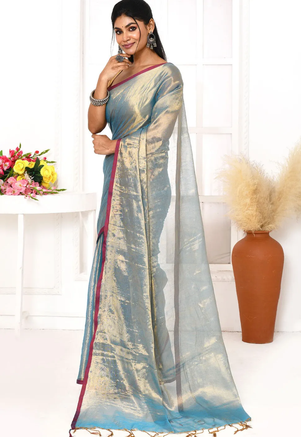 Handloom Cotton Silk Saree in Blue