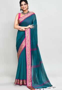 Handloom Cotton Silk Saree in Teal Blue