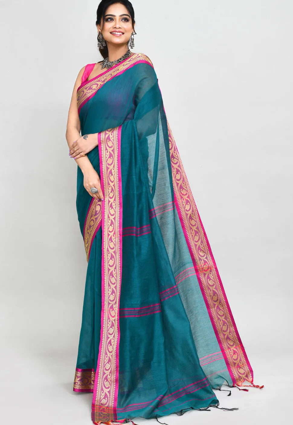 Handloom Cotton Silk Saree in Teal Blue