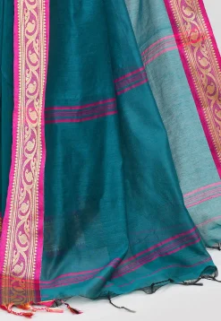 Handloom Cotton Silk Saree in Teal Blue