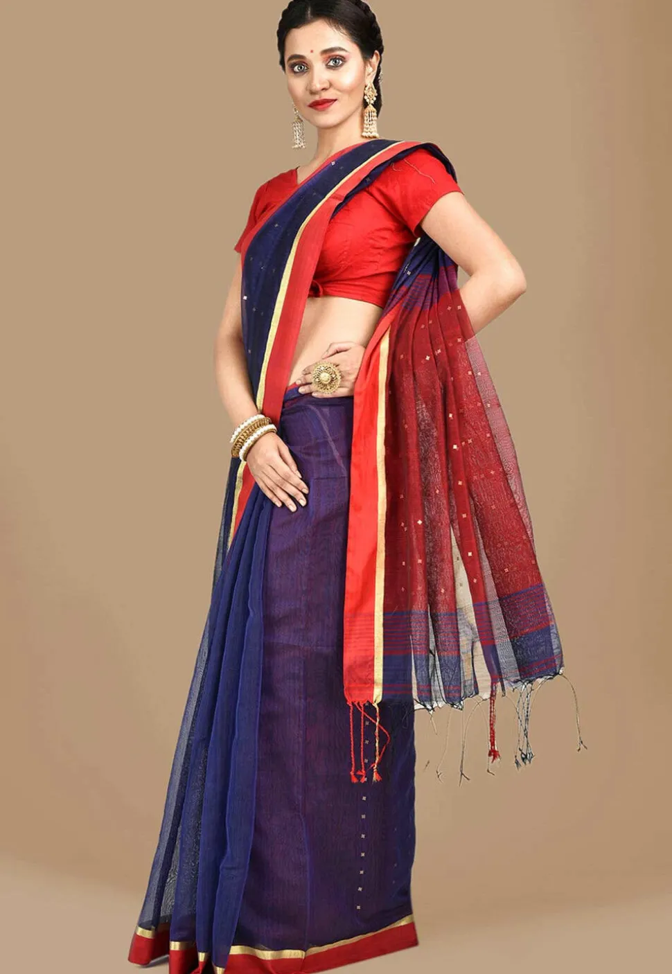 Handloom Cotton Silk Saree in Navy Blue