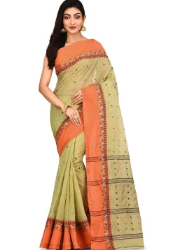 Handloom Cotton Tant Saree in Dusty Green