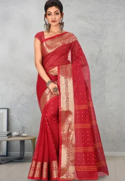 Handloom Cotton Tant Saree in Red