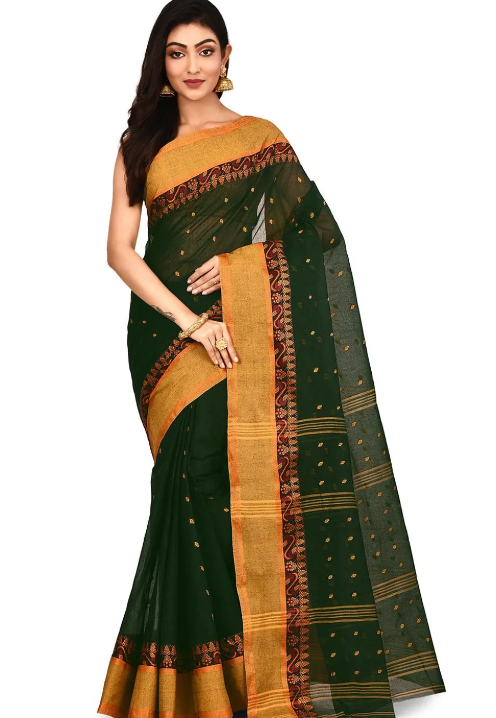 Handloom Cotton Tant Saree in Dark Green