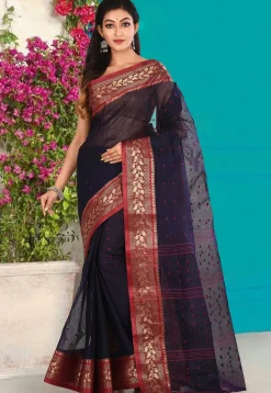 Handloom Cotton Tant Saree in Navy Blue