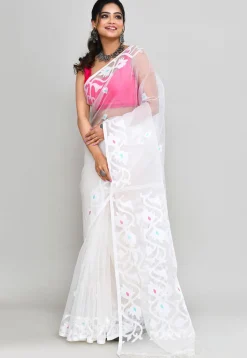 Handloom Jamdani Art Silk Saree in White